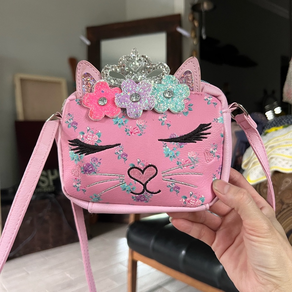 Charming Pink Cat Kids Bag with Floral and Glitter Accents